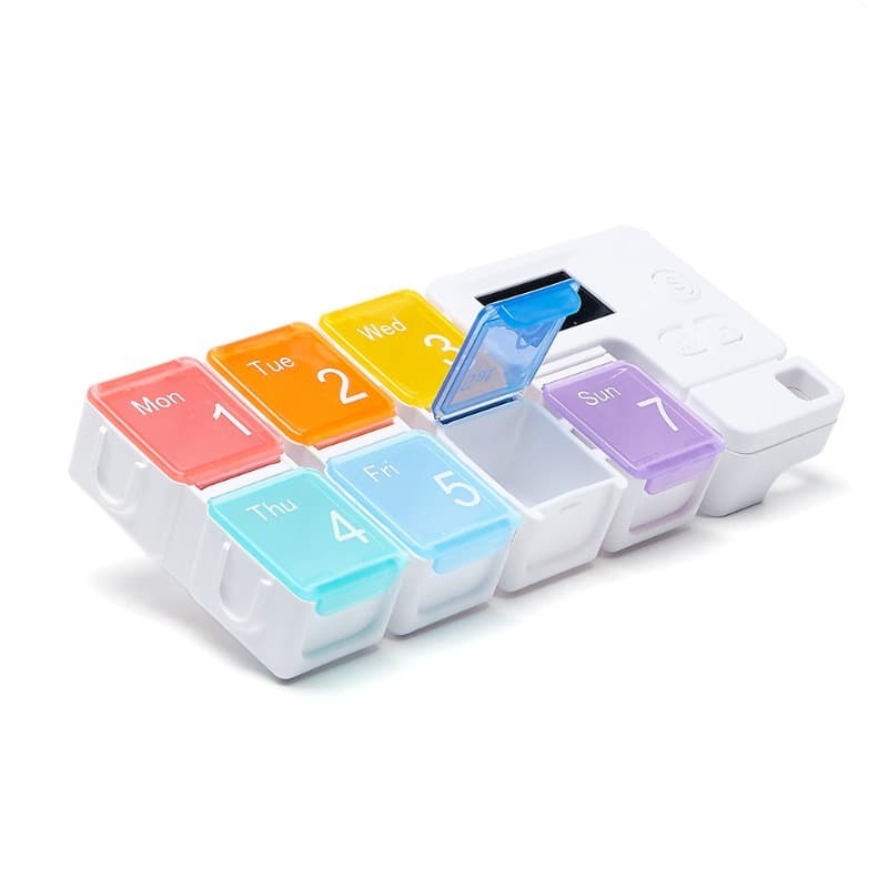 Organizador semanal de pastillas con pantalla y compartimentos de colores